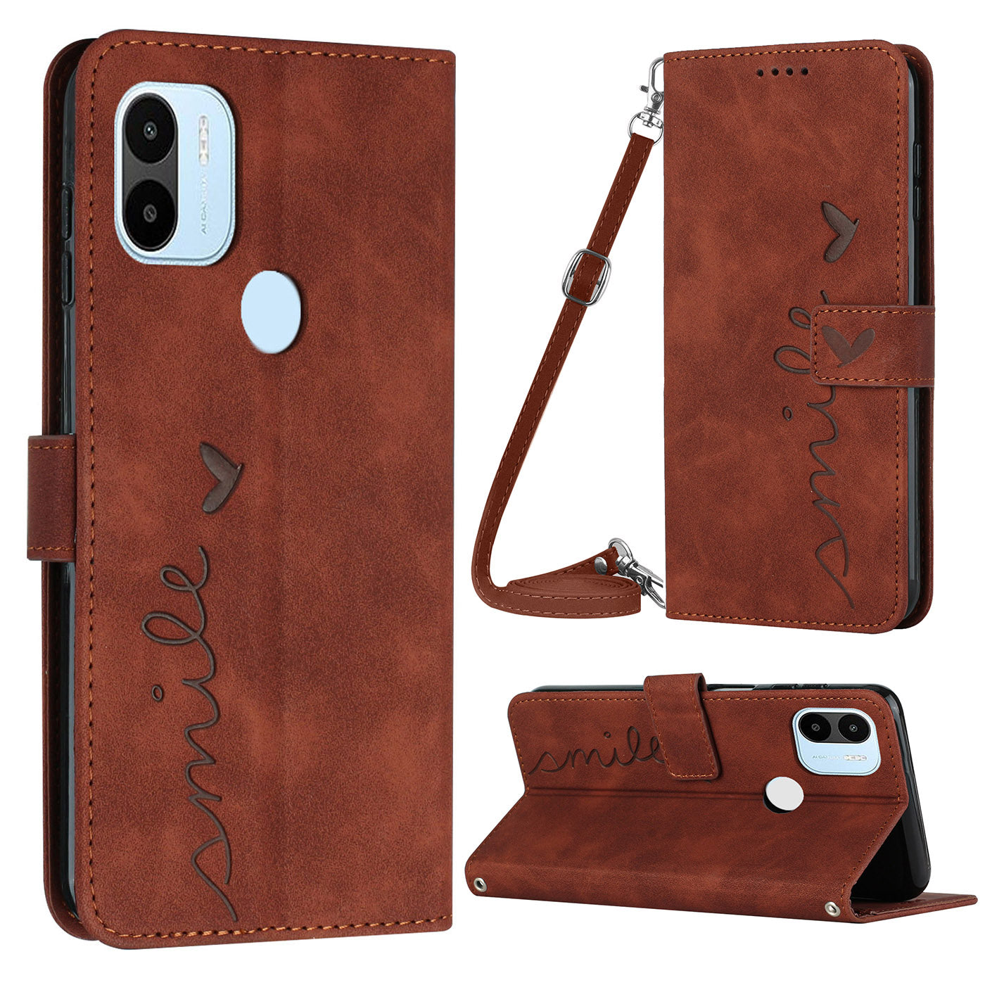 For Xiaomi Redmi A1 4G A2 4G Poco C50 4G Supporting Stand PU Leather Wallet Flip Cover Imprinted Heart Shape Skin-touch Feeling Shockproof Phone Case with Shoulder Strap For Xiaomi Redmi A1 4G A2 4G Poco C50 4G Supporting Stand PU Leather Wallet Flip Cover Imprinted Heart Shape Skin-touch Feeling Shockproof Phone Case with Shoulder Strap